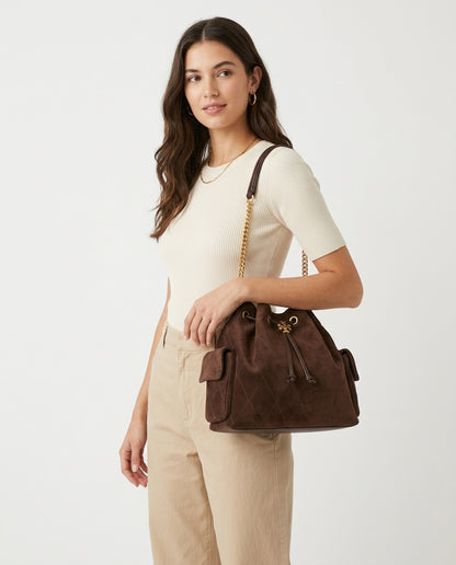 Lorensa x CHARLIE QUILTED SUEDE DRAWSTRING SHOULDER BAG