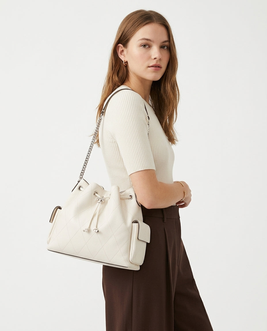Lorensa x CHARLIE QUILTED SUEDE DRAWSTRING SHOULDER BAG